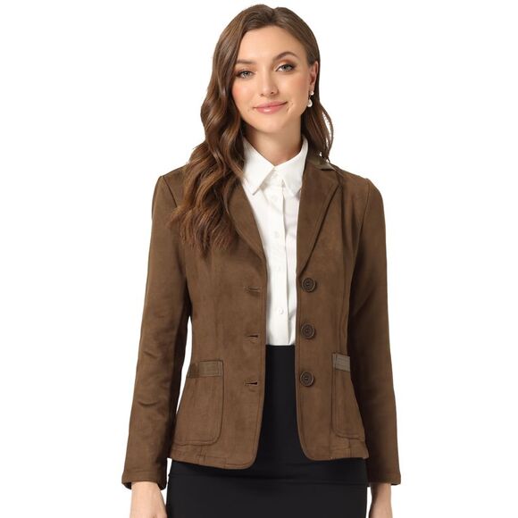 Faux Suede Blazer Lapel Collar Button Front Long Sleeve Jacket Brown - Picture 1 of 5